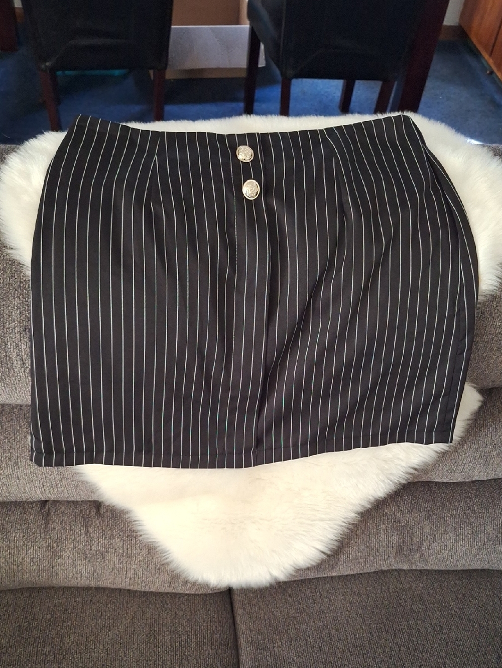 Black Pinstripe Mini Skirt with Decorative Buttons